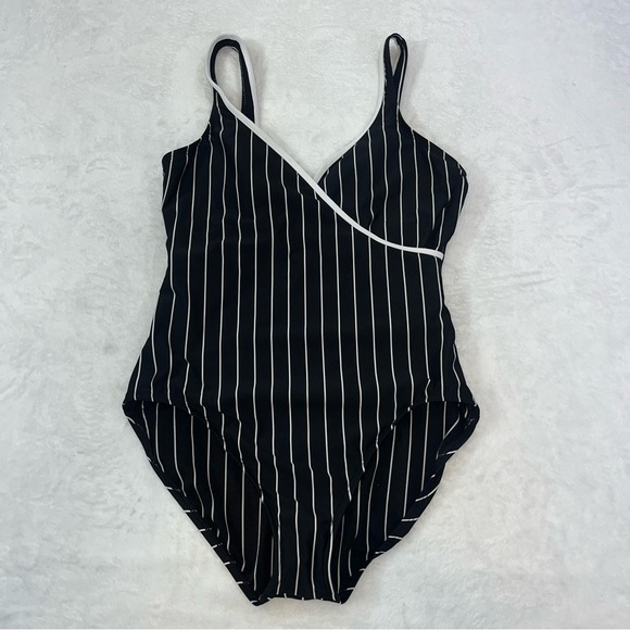 Vtg Cole of California One Piece Swimsuit Sz 16 Vertical Striped Black Pin Up - Picture 5 of 11